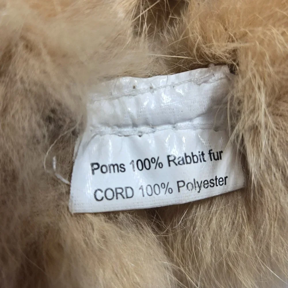 Tan Rabbit Fur Pom Pom Scarf - Picture 3 of 3